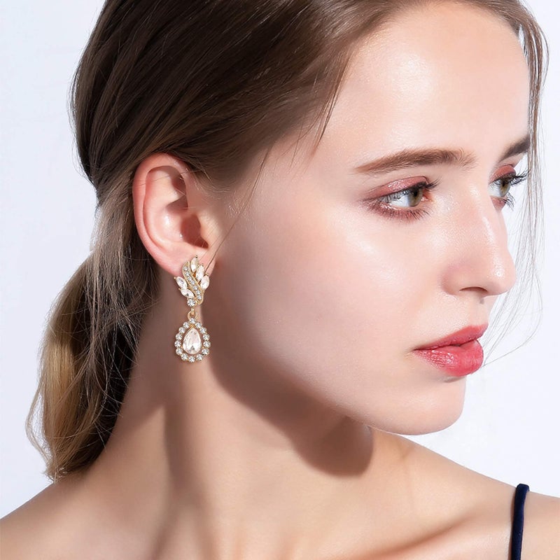 EleQueen Women's Austrian Crystal Art Deco Tear Drop Dangle Earrings Clip-on Gold-tone Clear - Image 3